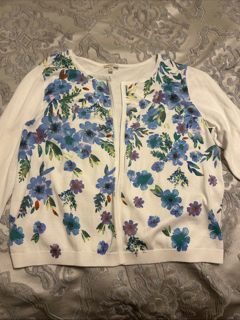 Talbots White Open-Front Cardigan with Blue Floral Panels
